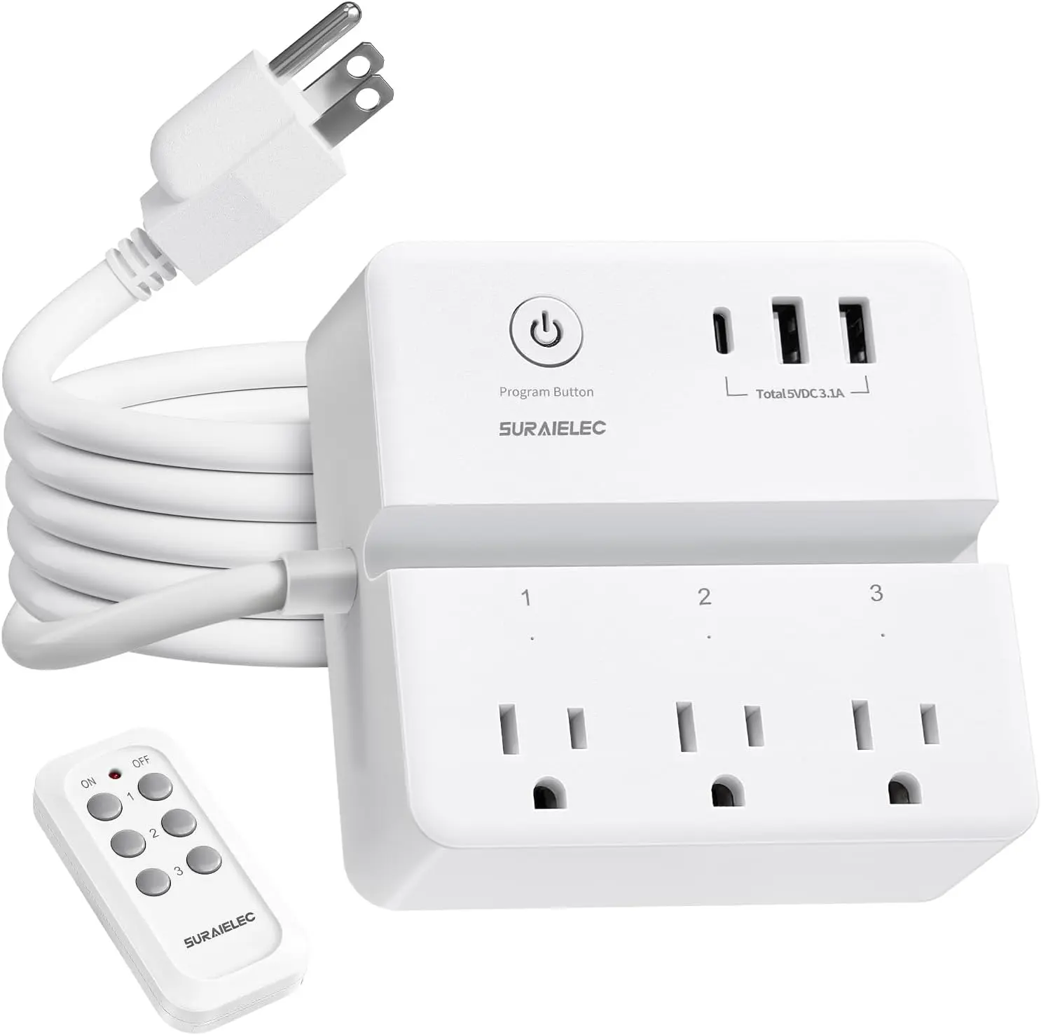 SURAIELEC Remote Control Power Strip Extension Cord Indoor - 3 Independent Outlets, 3 FT Extension Cord, USB-C/Type C Charging & USB-A Ports, 15A/1875W, 300J Surge Protection, Wireless Switch for Lamps, Fans, Accessories, Extension Cable