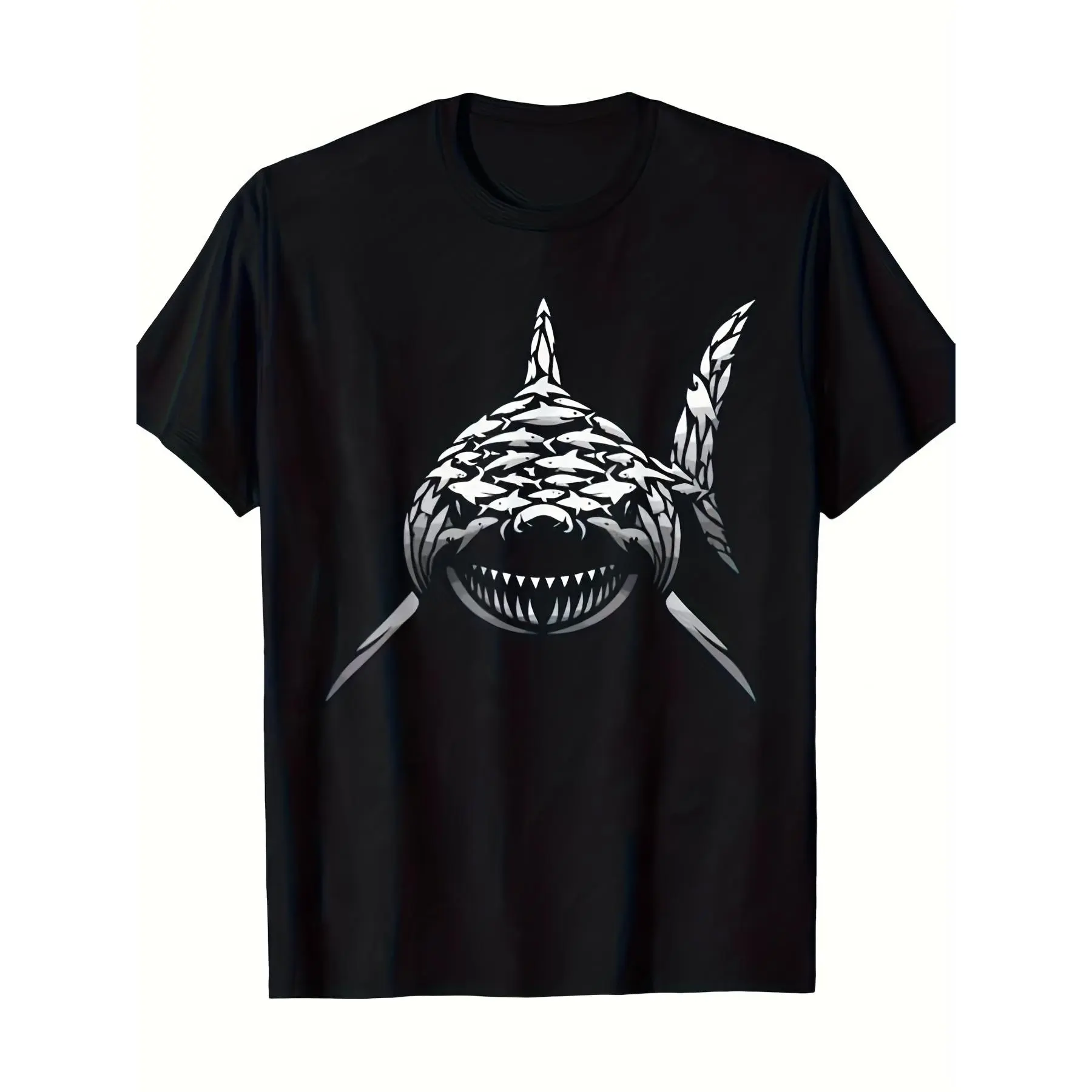 Men's Heavyweight Shark Lover T-Shirt - Big & Tall 3XL 4XL 5XL | 220g Marine Life Shark Print Tee with Shark Fin & Shark Jawbone/teeth | Casual Short Sleeve Shirt for Shark-Themed Outfits