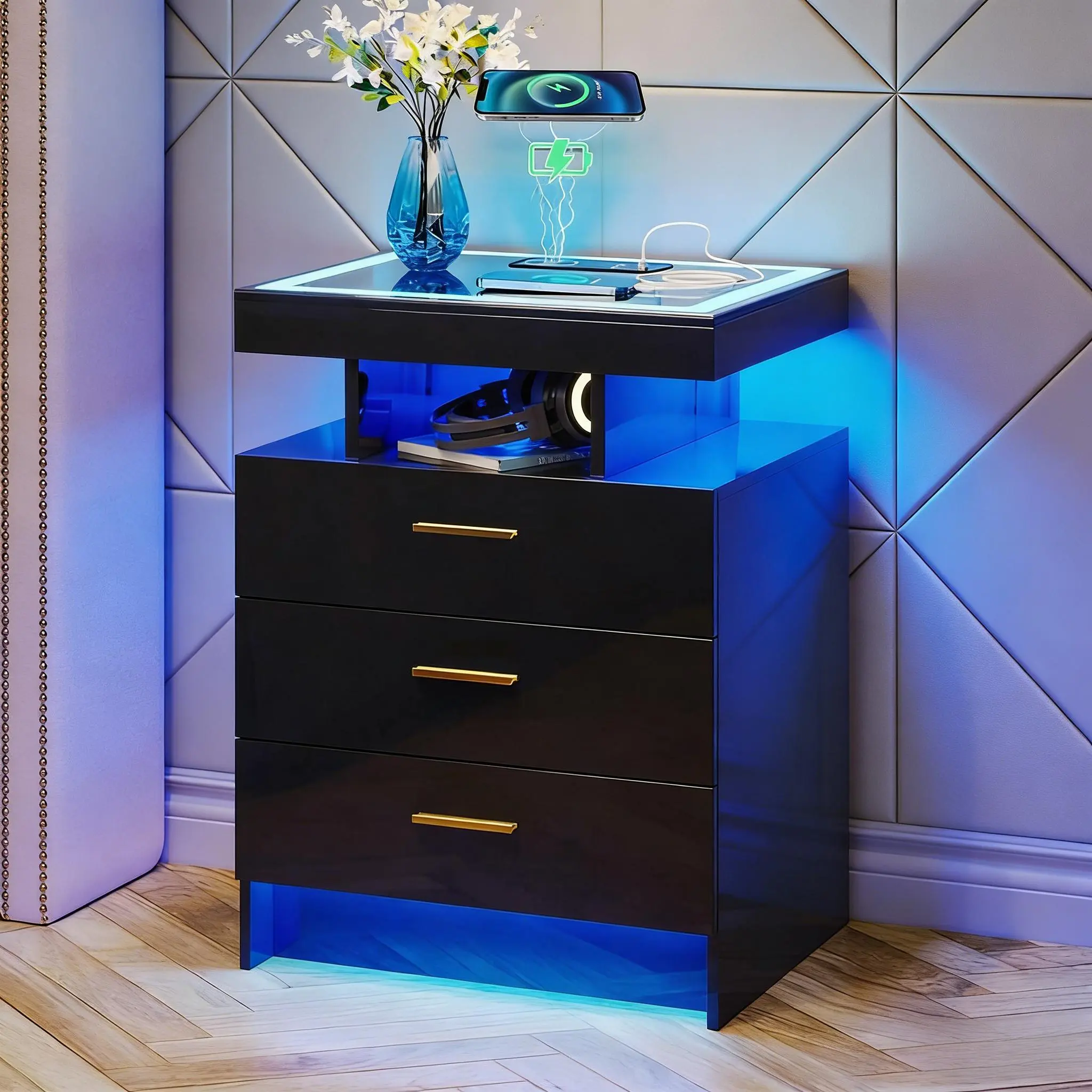 White High Gloss Nightstand With Glass Top, Auto LED Lights, Charging Station & USB Ports, Modern 3-Drawer Bedside End Table For Bedroom Furniture