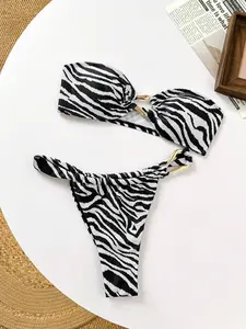 Two-piece Set Women's Zebra Stripe Print Bandeau Bikini Set, Striped Print Bikini, Casual Fashion Chic Irregular Metal Ring Linked Backless Swim Top & Thong Bikini Bottom for Beach Holiday Vacation, Ladies Swimsuit for All Seasons