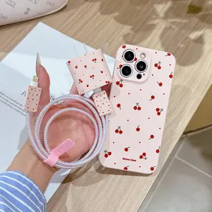 6 Piece Set Eye-Catching Cherry Protective Phone Case Pattern, Charger Head Cover, Cable Protector, Storage Rope, Data Line Protection Accessories for iPhone