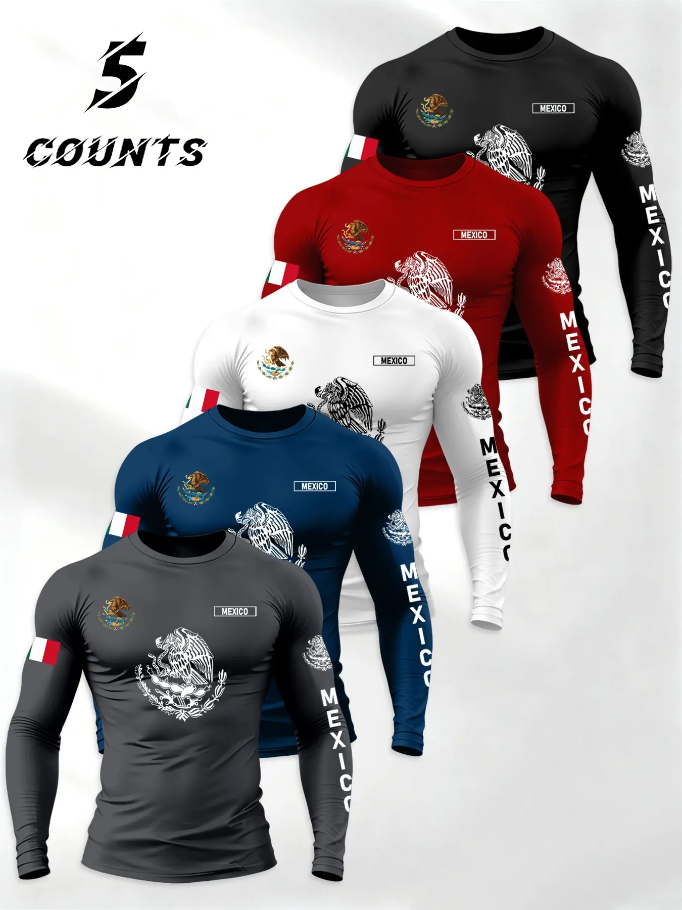 Men's 5-Piece Knit Long Sleeve T-Shirt Set, Casual Loose-Fit Fashion, Round Neck with Mexican-Themed Flag Letter Print, Streetwear Style
