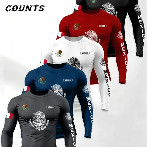 Men's 5-Piece Knit Long Sleeve T-Shirt Set Casual Loose-Fit Fashion, Round Neck with Mexican-Themed Flag Letter Print, Streetwear Style Clothing Sets