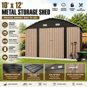 10x12 FT Metal Outdoor Storage Shed with Floor Frame Kit Heavy Duty Galvanized Steel Tool Shed Lockable Double Doors Weatherproof Backyard Lawn Mower Bike Utility House Shelter Garden Organizer Dark Gray