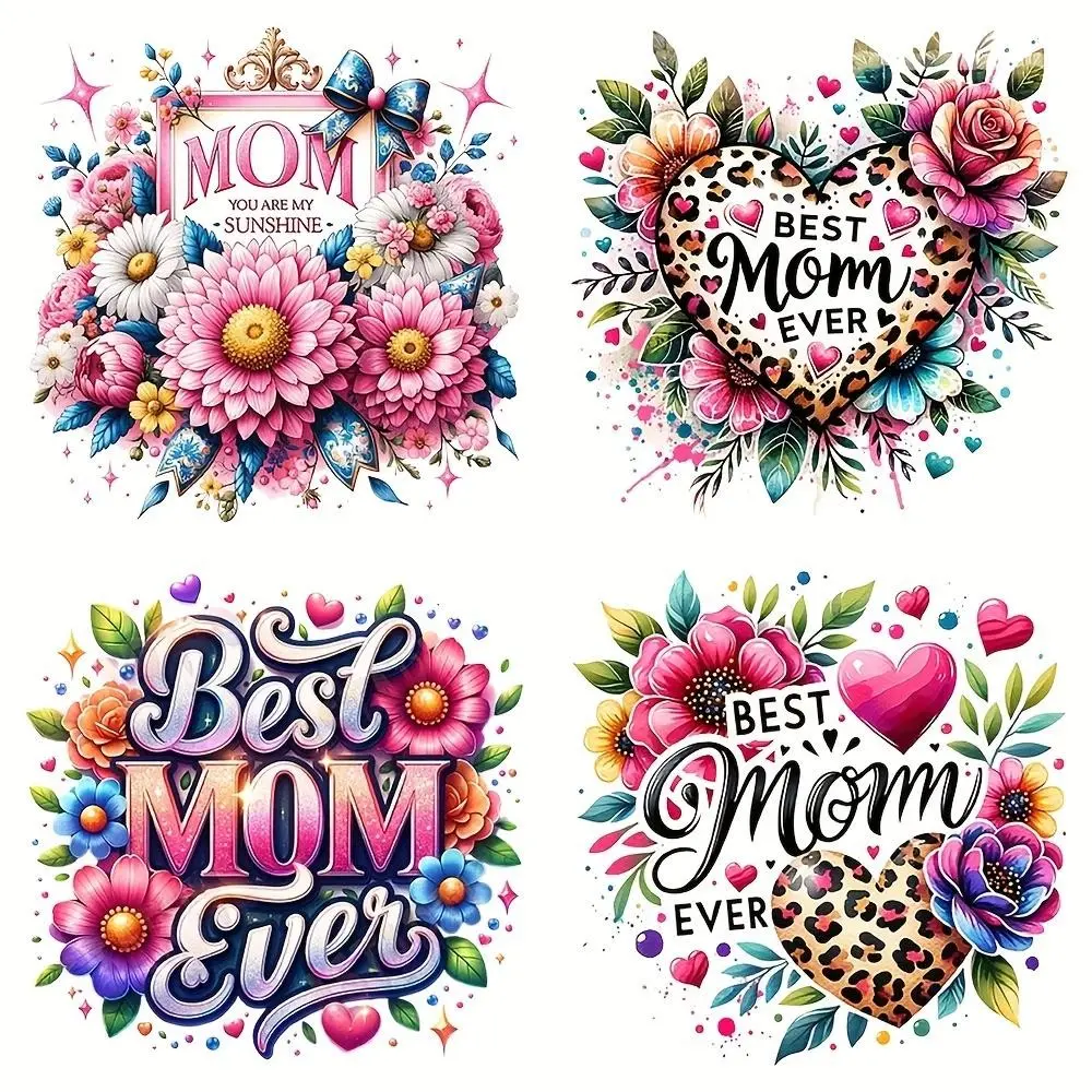 4 Pack Best Mom Ever Heat Transfer Patches, Colorful Cartoon Floral PVC Iron-On Transfers for DIY Shirts Bags Accessories Decoration, DIY Decoration Set, Craft Supplies, Perfect Thoughtful Creative Mother's Day Gift, Vibrant Graphics, Easy to Apply