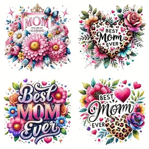 4 Pack Best Mom Ever Heat Transfer Patches, Colorful Cartoon Floral PVC Iron-On Transfers for DIY Shirts Bags Accessories, Perfect Mother's Day Gift, Vibrant Graphics, Easy to Apply