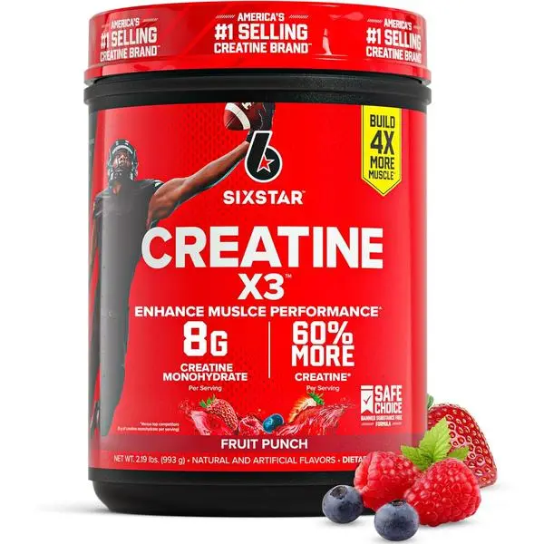 Six Star Creatine X3 Monohydrate Powder – Fruit Punch Flavor, 30 Servings, Creatine HCl & Monohydrate Blend for Muscle Building, Strength & Post-Workout Recovery for Men & Women