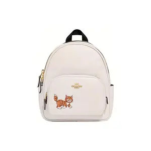 COACH Court 20 Mini Backpack for Women – Animal Badge Cat Print, Dual-Zip Closure, Leather and Fabric, Chalk White