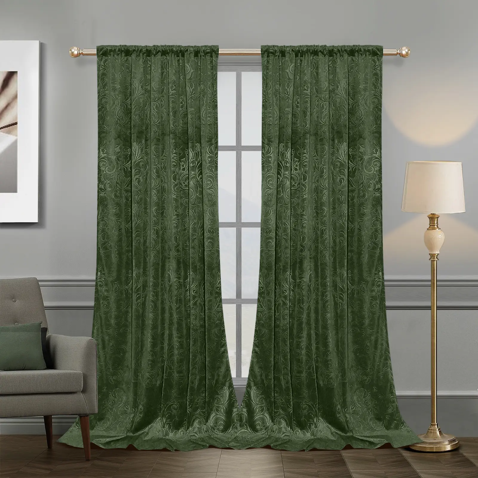 BTTO 2-Panel Crushed Velvet Floral Heavy Blackout Curtains, 52x84in Modern Damask Low Iron Double Layer Drapes, Light-Blocking Thermal Insulated Velour Rod Pocket with Multiple Hanging Options for Bedroom, Room Decor