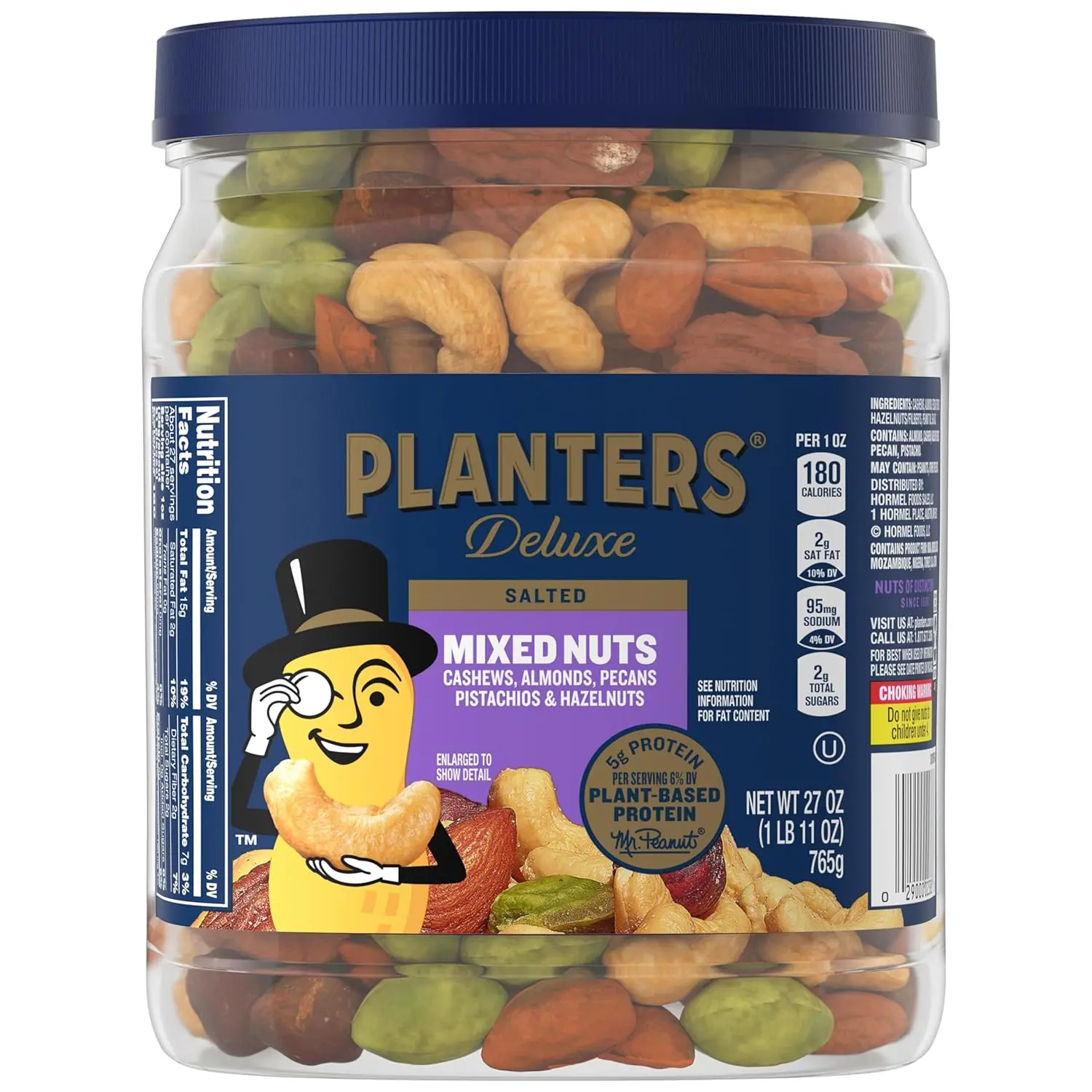 Deluxe Mixed Nuts with Sea Salt, 27 oz Resealable Container - Variety Mixed Nuts Snacks with Cashews, Almonds, Pecans, Pistachios & Hazelnuts - Energy Boost - Kosher