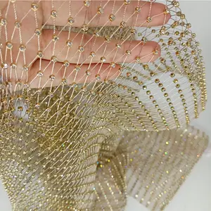 60X90cm Gold Shiny Stretch Crystal Rhinestone Fishnet One Yard Mesh Sheer Cutout Fabric 2024 Ins Popular Designer DIY Dress Mask Decoration