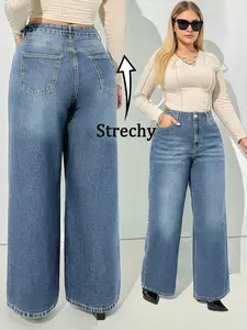 High-Waisted Elastic Straight Leg Loose Fit Streetwear Jeans for Plus Size Women, Casual Daily Wear, Vacation, Comfortable and Stylish