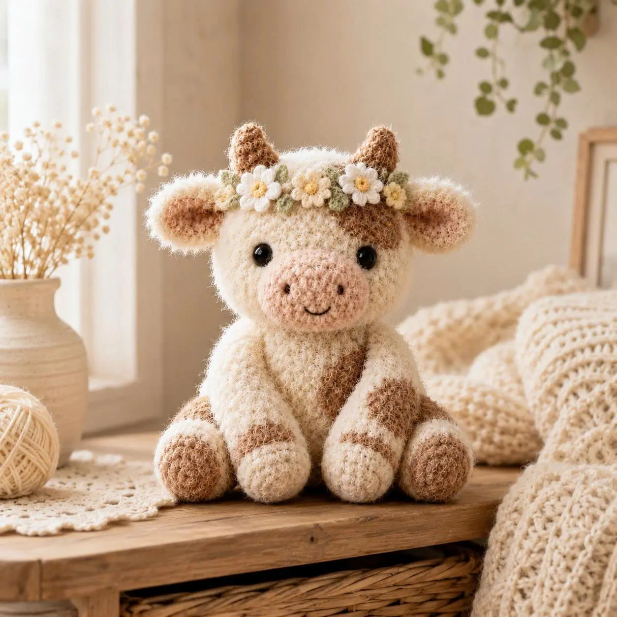 Handmade Crochet Cow Plush with Daisy Flower Crown | Cute Amigurumi Cow Stuffed Animal | Farmhouse Nursery Decor | Birthday Gift