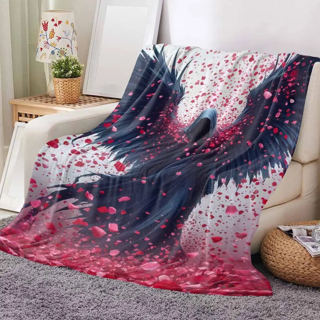 Dark Angel Gothic Wing & Rose Petal Print Flannel Throw Blanket - Bedding Blanket, Soft Breathable All Season, Fade Resistant Lightweight, Ideal for Bedroom Decor, Halloween Theme Gift