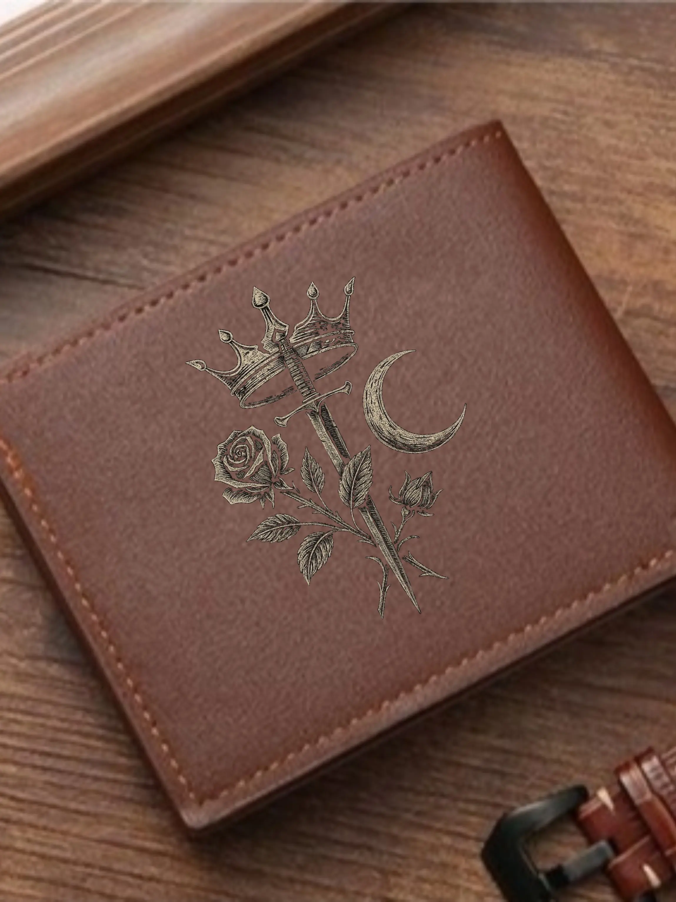 Men's Gothic Rose Leather Bifold Wallet, Vintage Medieval Fantasy Design, PU Leather Card Holder, Casual Daily Use, Gift for Fantasists, Stylish Wallet