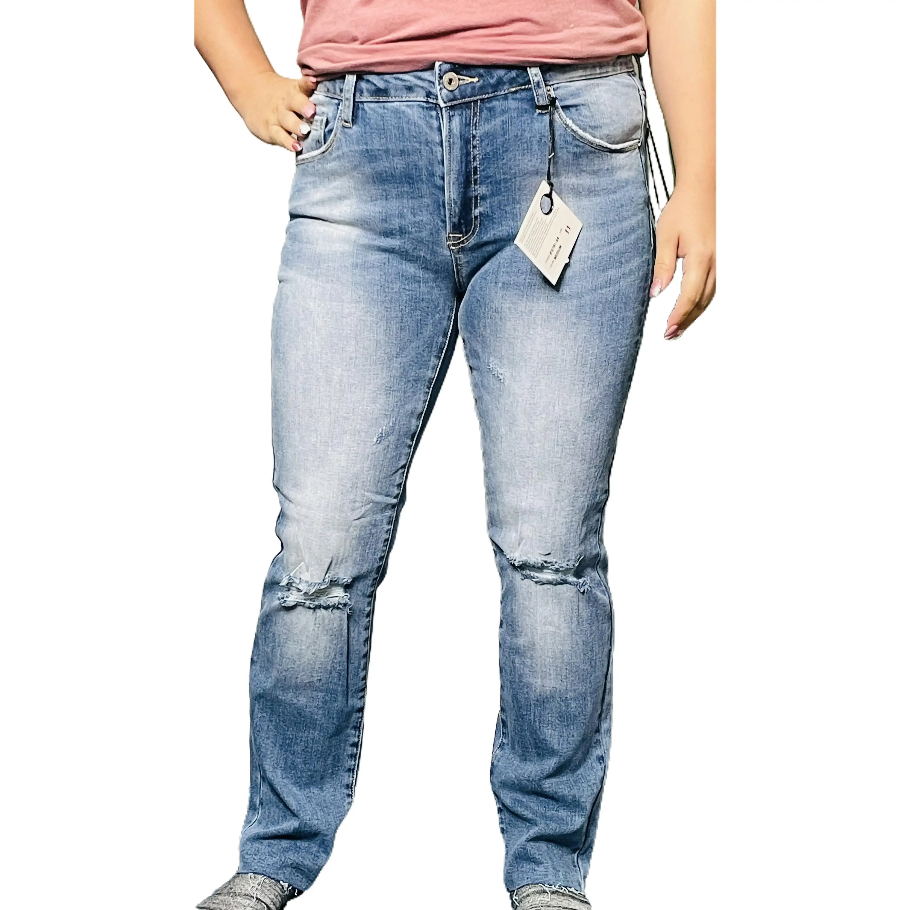Women's Mid-Rise Distressed Capri Jeans in a Stretch Fit, Medium Wash with Laser Cut Hem for a Casual Tennis Style, Denim, Bottom, Comfortable, Bottoms, Cotton, Day, Basic, Distressed Knee, Cropped, Tee, All Seasons, Knee Of Capris, Cotton Blend, 98% Cott