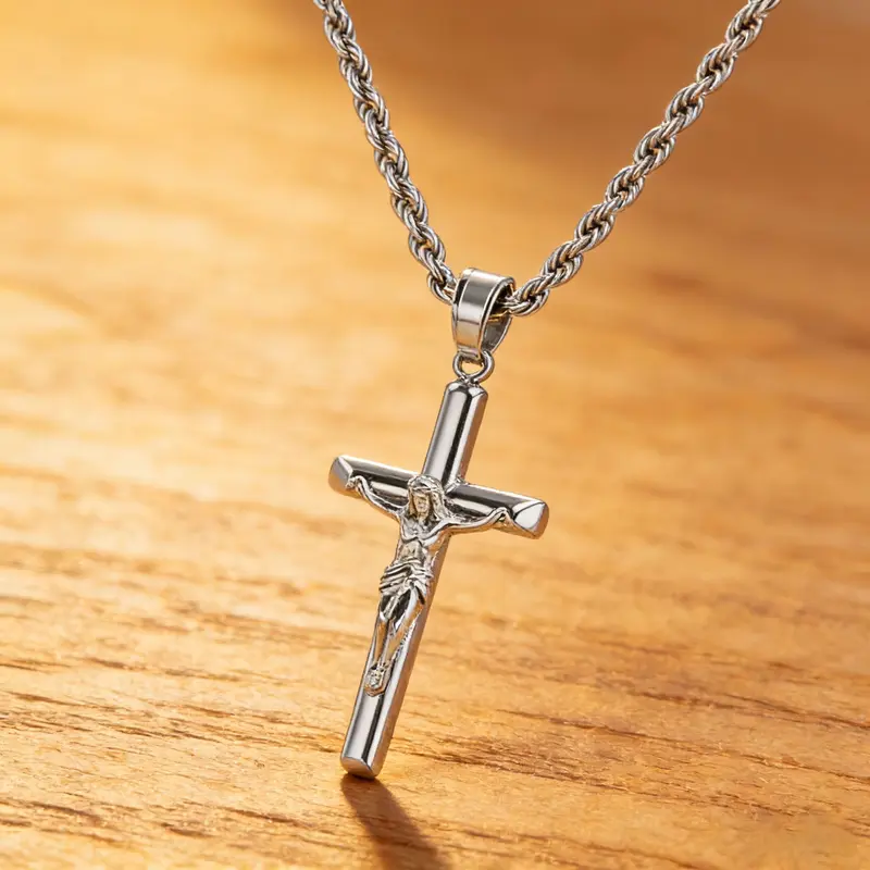 Cross Necklace 18K silver Plated Cross Pendant with 3mm 22" Rope Chain for Men Women Religious Gift for Easter Christmas Valentine‘s gift