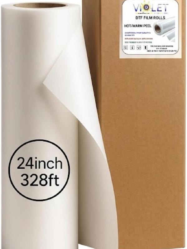 DTF Transfer Film Roll (Hot Peel) 24"x 328ft–Double-Sided Clear PET Heat Transfer Paper for Direct-to-Film Printing–Wash & Crack Resistant–Compatible with All DTF Printers for T-Shirts Textile