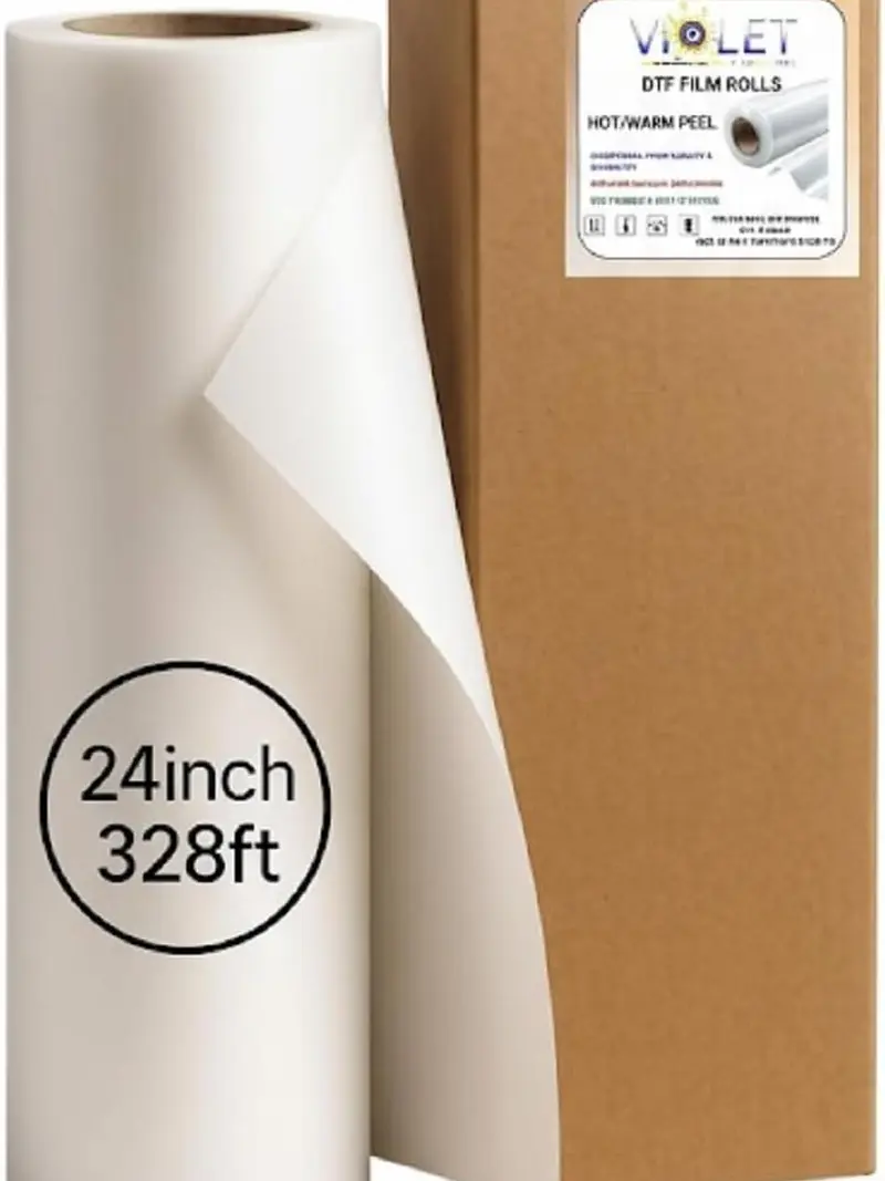 DTF Transfer Film Roll (Hot Peel) 24"x 328ft–Double-Sided Clear PET Heat Transfer Paper for Direct-to-Film Printing–Wash & Crack Resistant–Compatible with All DTF Printers for T-Shirts Textile