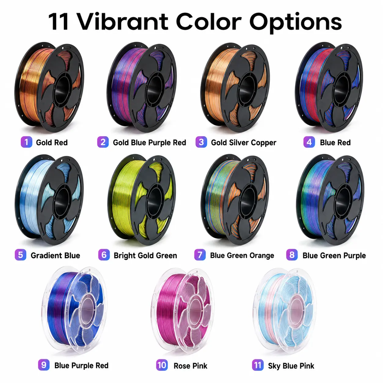 1.75 mm PLA 3D printing filament, silk multicolor gradient print filament, vacuum sealed packaging, smooth printing, 250 g per roll, compatible with most FDM 3D printers