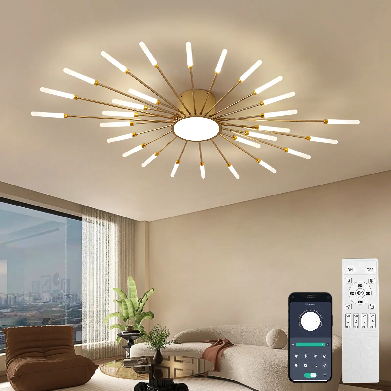 41" Modern Sputnik Ceiling Lighting - Brass 29-Light Starburst Flush Mount, APP/Remote Ctrl Iron/Acrylic Decorative Dimming Lights, 3000-6500K Stepless Dimmable LED Spotlights for Modern Homes Living Room