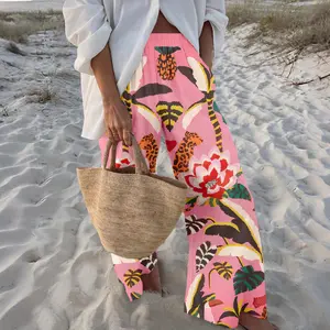 New launching 30% linen and 70% rayon，Jungle Leopard Print Pants, Elastic Waistband, Enthusiastic and outgoing wide leg pants，Comfortable Holiday Wear