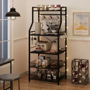 5-Tier Kitchen Baker's Rack with Microwave Stand, 2 Large Wire Baskets, 8 Hooks – Freestanding Coffee Bar Storage Shelf for Kitchen, Dining, and Living Room