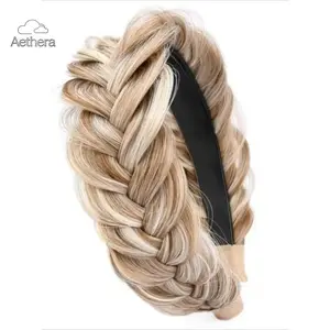 Aethera 2026 New Fashionable Sand Gold Headband Wide Messy Fish Tail Braid Toothed High Elastic Synthetic Hair Clip Cute Accessory for Girls & Women Ideal Holiday Gift