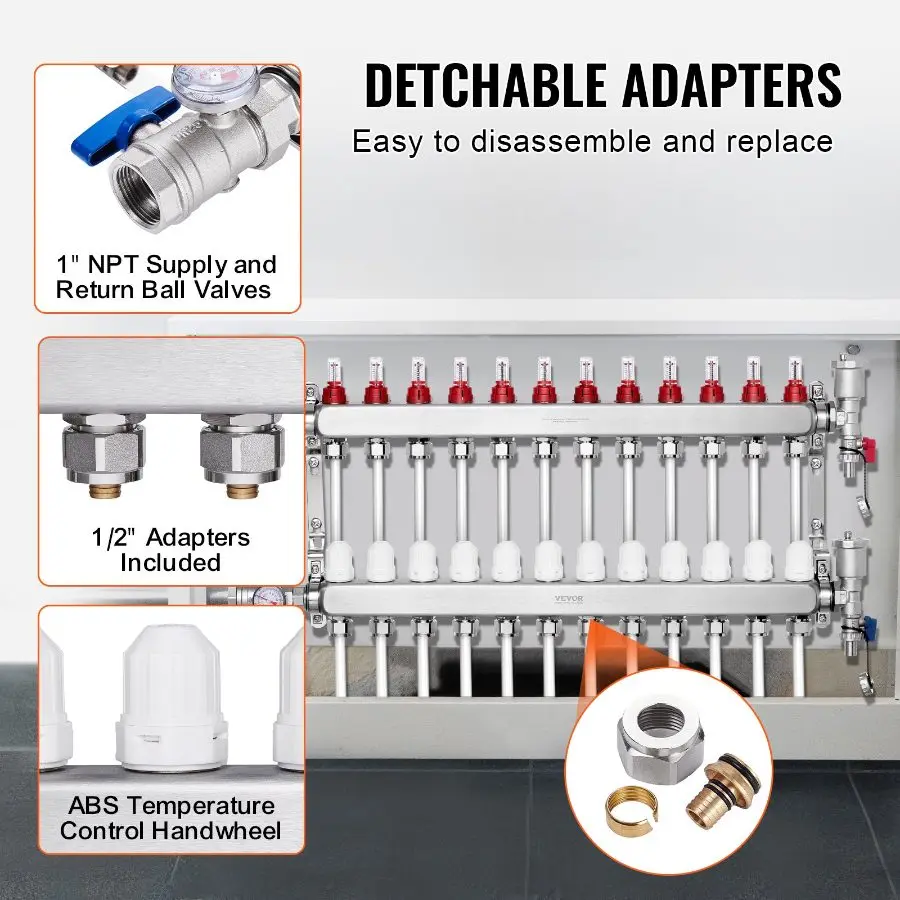 Summervibes VEVOR 12-Branch Radiant Heat Manifold, 1/2 PEX Tubing ...