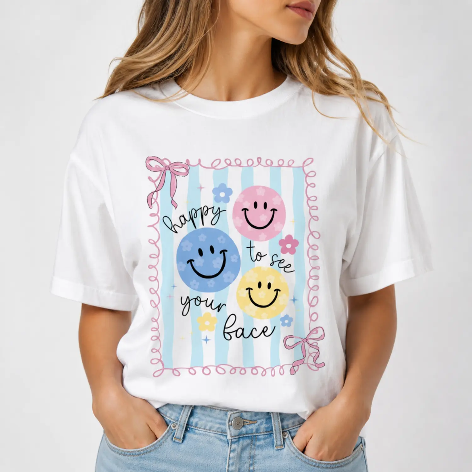 Cotton Fitted Short-Sleeve Joyful Smiles Daisy Teacher Shirt - Loungewear for Back to School, Teacher Appreciation, Anniversary Gifting
