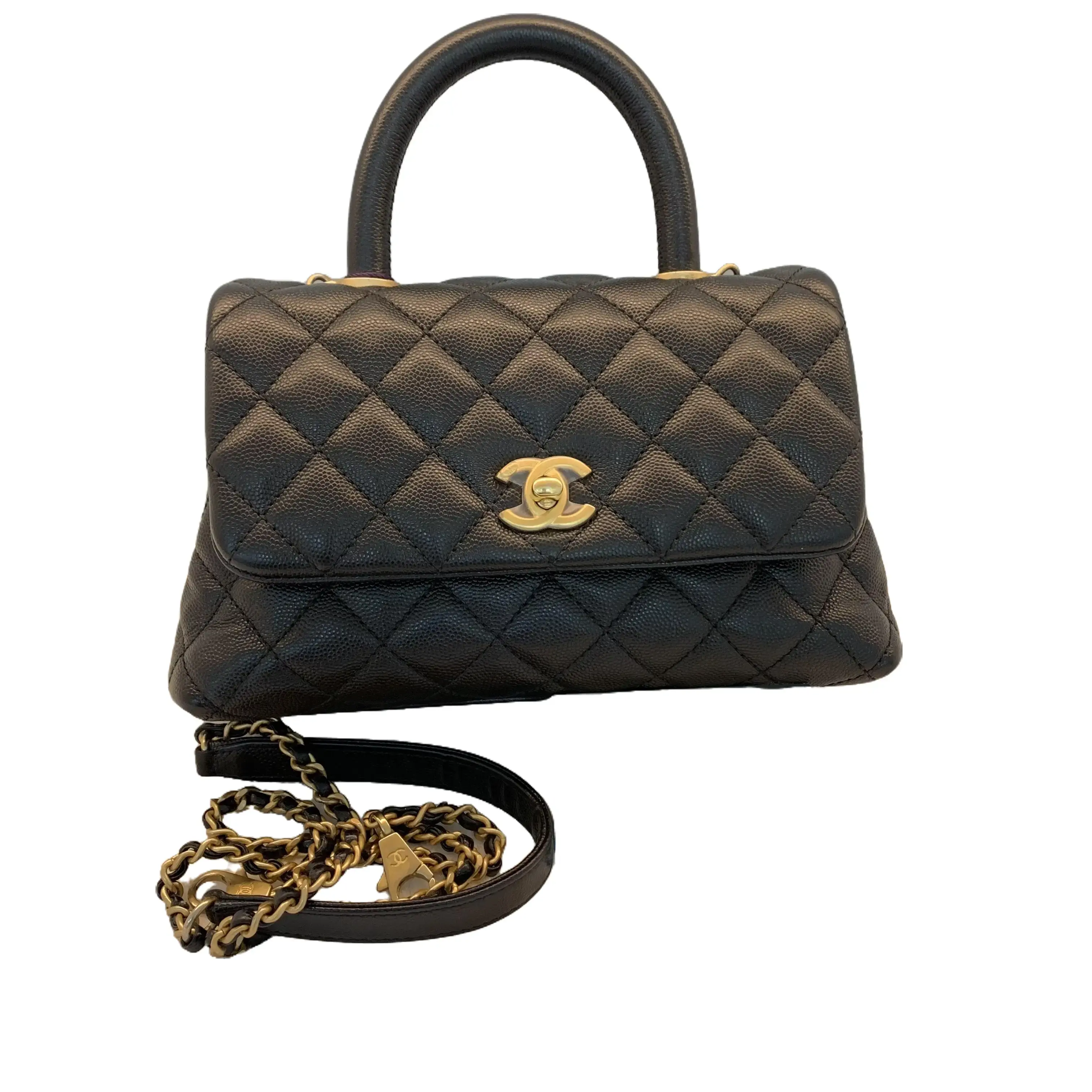 Pre-owned CHANEL Coco Handle Mini Flap Shoulder & Crossbody Bag Black Caviar Grained Calfskin Leather, Gold Hardware, CC Turnlock Clasp, Detachable Additional Chain Strap, Authenticity Card Included (TKB00000059)