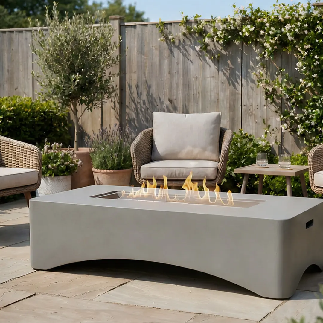 56-Inch Rectangular Propane Fire Pit Table, 50,000 BTU Outdoor Gas Firepit, Lightweight Concrete Composite, Light Grey/Dark Grey Options, Stainless Steel Burner, Pulse Ignition, Includes Lava Rocks, Waterproof Cover, Tank Seat