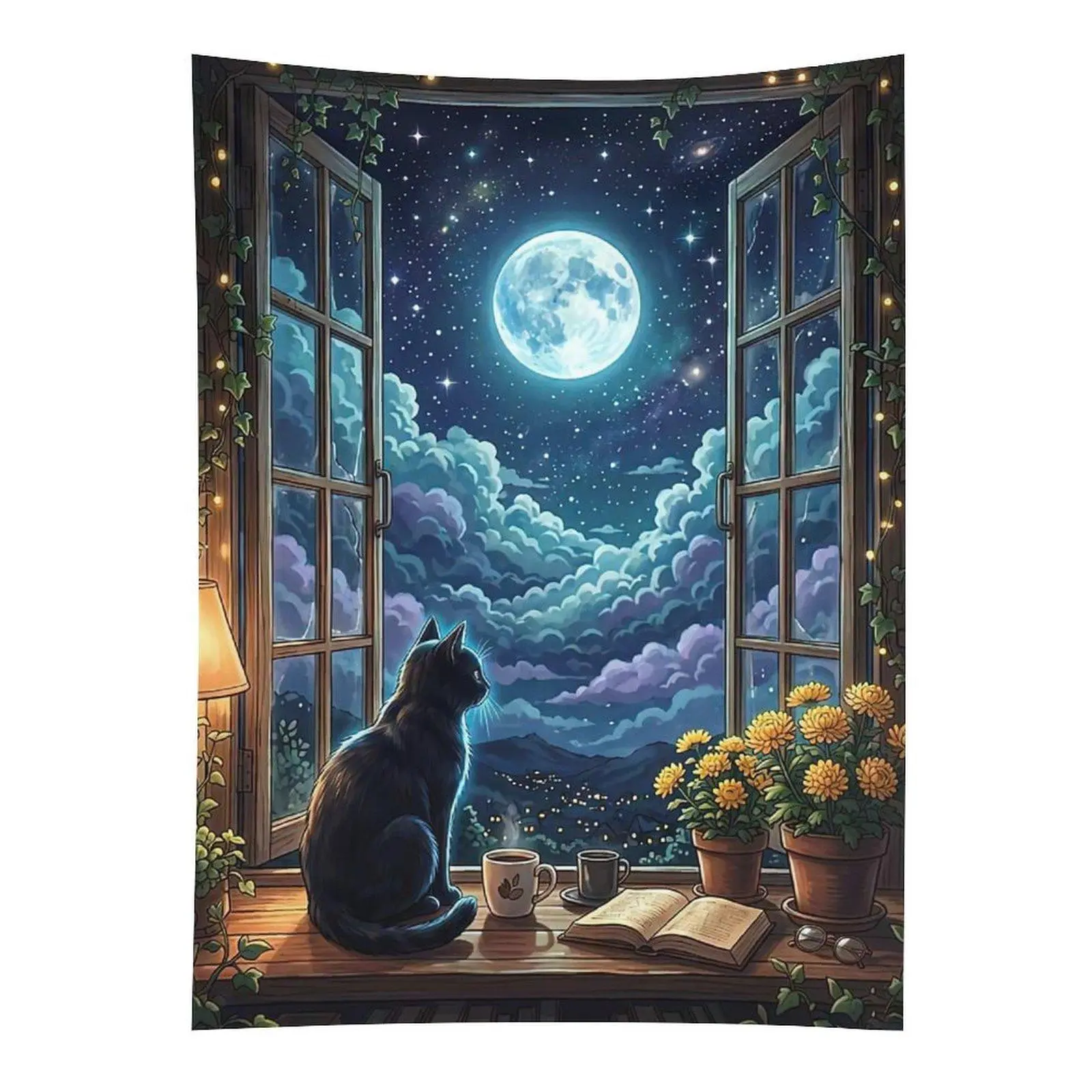 Black Cat Moon Window Tapestry Starry Night Cozy Room Wall Hanging Decor
