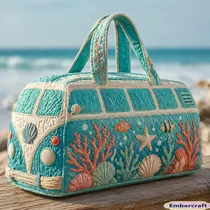 Coastal Camper Van Weekender Bag - 3D Quilted Teal Ocean Travel Duffle for Women. Large Capacity Overnight Tote with Coral & Seashell. Cute Retro Carry On Luggage for Summer Beach Vacations, Cruises & Road Trips
