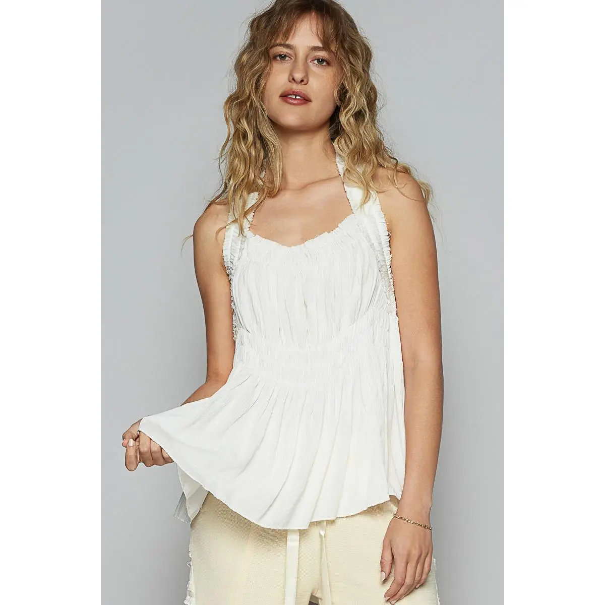 POL Backless Halter Sleeveless Top with Smocking Shirring Detail