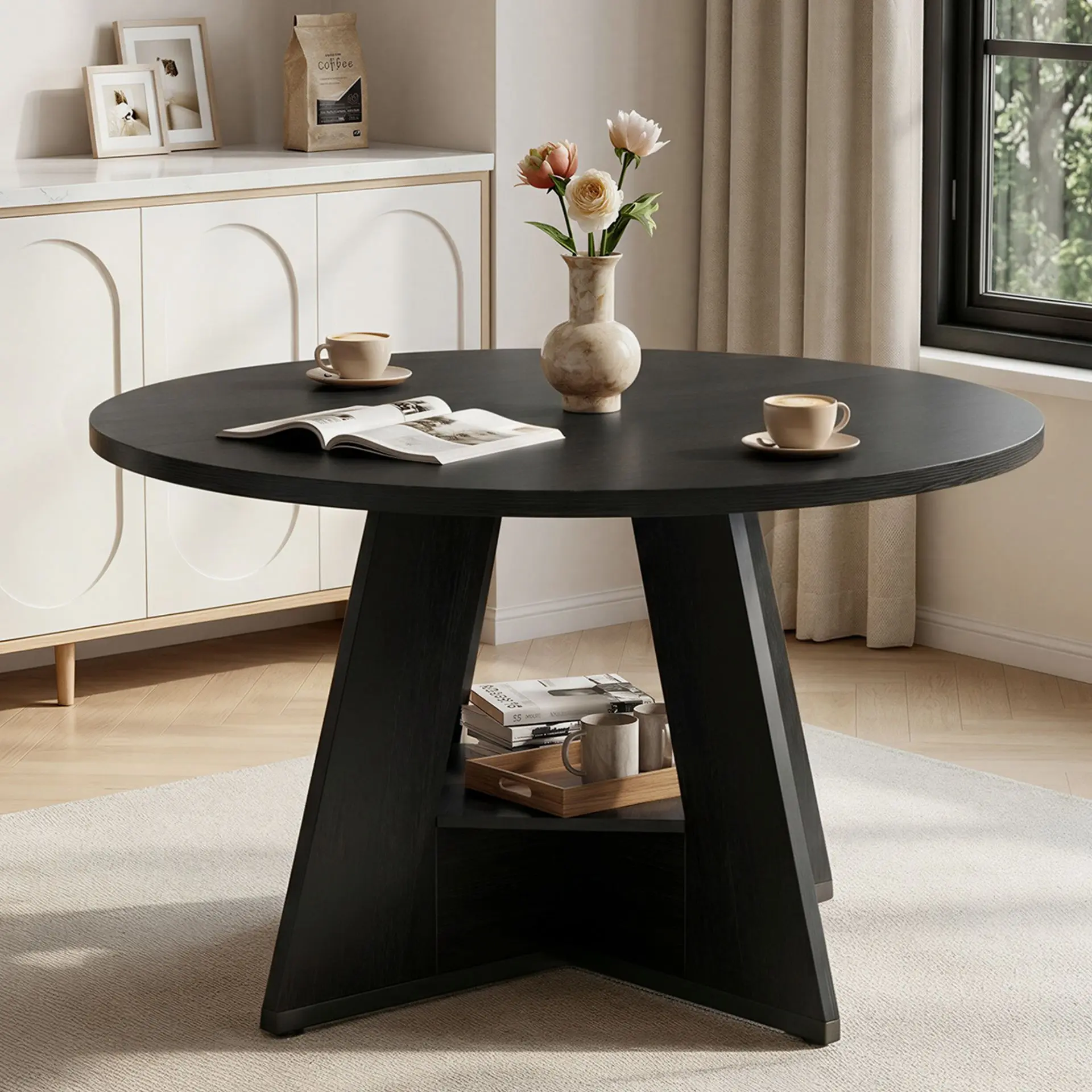 Modern Round Dining Table with Storage Shelf – Minimalist Circular Table with Lower Storage Rack, Perfect for Kitchen, Dining Room, Small Apartment