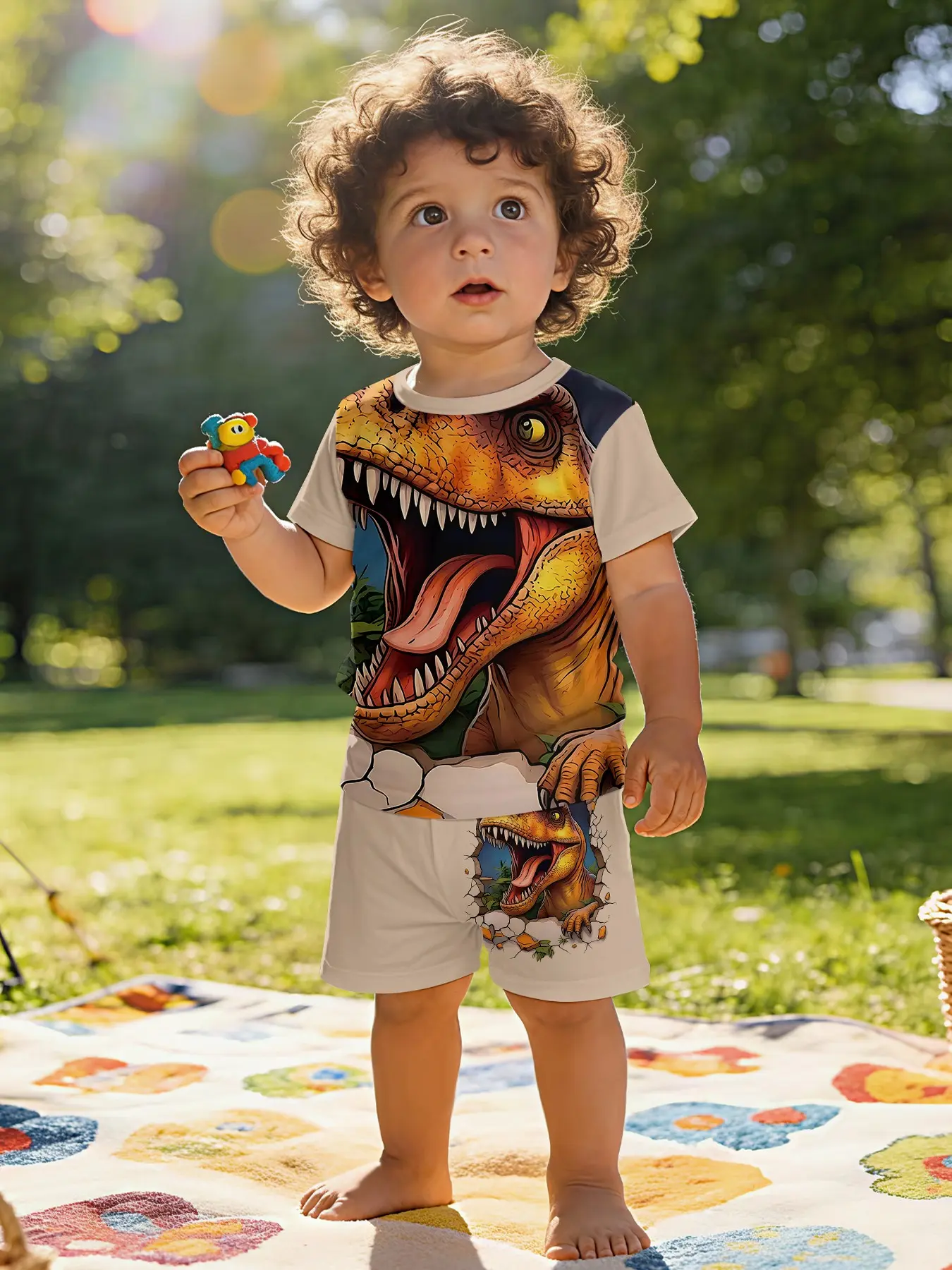 Tyrannosaurus rex print short-sleeve set for infants and toddlers, Summer clothing set, casual kids' clothing, T-shirt suitable for daily and outdoor sports, Made of 100% polyester, a perfect gift for young children