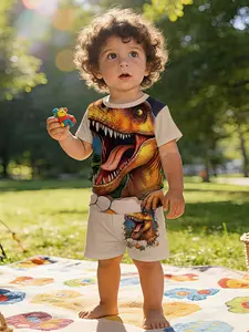 Hardcore cool and stylish Tyrannosaurus rex print short-sleeve set for infants and toddlers, casual kids' clothing, T-shirt suitable for daily and outdoor sports. Made of 100% polyester, it's a perfect gift for infants and young children!