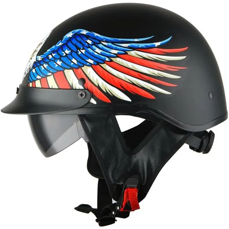 Thermoplastic Motorcycle Half Face Helmet - DOT Certified, Aero Shape, Lightweight, Retractable Smoked Inner Visor, Glossy UV Protection Coat, Non-Synthetic, Washable Pads, 21.7-22.0 Inch Fit for Scooter Riders, Retractable Visor, Not Synthetic