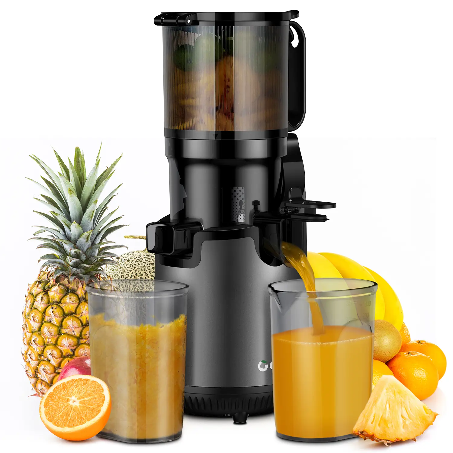 GDOR Corded Cold Pressed Juicer Machine, 5.3in Slow Squeeze Juicer with 250W Motor, Large Feed Chute for Whole Fruits No Cutting, Easy Reverse Clean, US Plug, Gun Grey for Morning Juice & Detox
