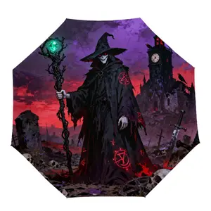 Dark Witch Automatic Umbrella, Lightweight Retractable Travel Umbrella, Gothic Design, Windproof 8 Ribs, Manual Opening, Unisex
