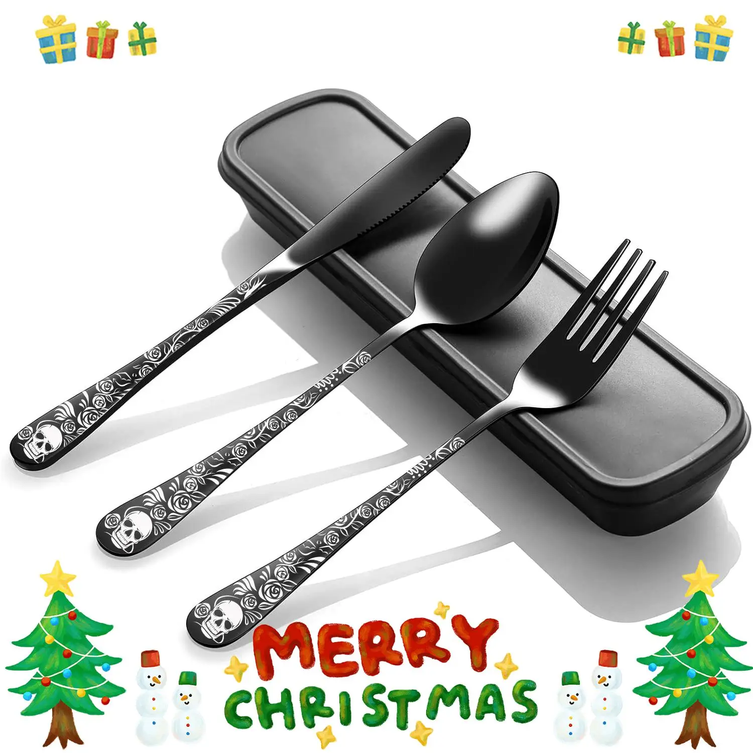 Skull Pattern Cutlery Set with Storage Box, 4counts/set Stainless Steel Fork & Spoon & Knife, Lunch Packing Accessories, Portable Tableware Set for Ca