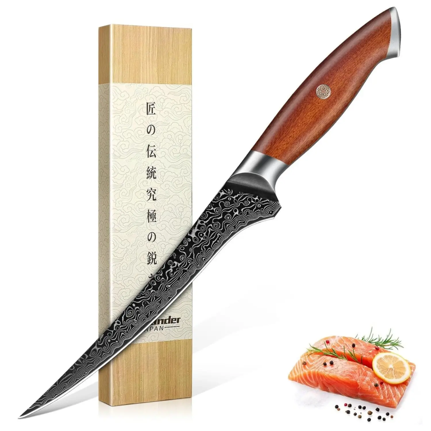 Freelander Damascus Fillet Knife with Wood Handle for Fish, Meat & Poultry | Razor Sharp 7" Filet Knife with Comfortable Grip, Mosaic Pin Design, Ideal for Skinning, Deboning & Slicing, Gifts for Men