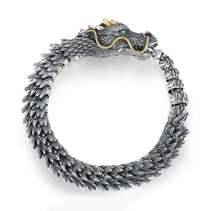 S925 Silver Plated 3D Dragon Scale Bracelet, Oxidized Chinese Dragon Link Chain, Retro Adjustable Men's Feng Shui Jewelry (18-24cm)