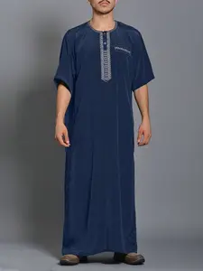 Men's Long Sleeve Shirt Casual Muslim Embroidered Thobe Robe, Comfortable and Stylish, Perfect for Daily Wear, High-Quality Fabric
