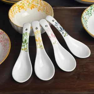 4/8 Pieces Four Seasons Floral Ceramic Spoons, Underglaze Design, 5.5 Inches, Multi-Use for Soup Porridge Rice Milk, Dishwasher Safe