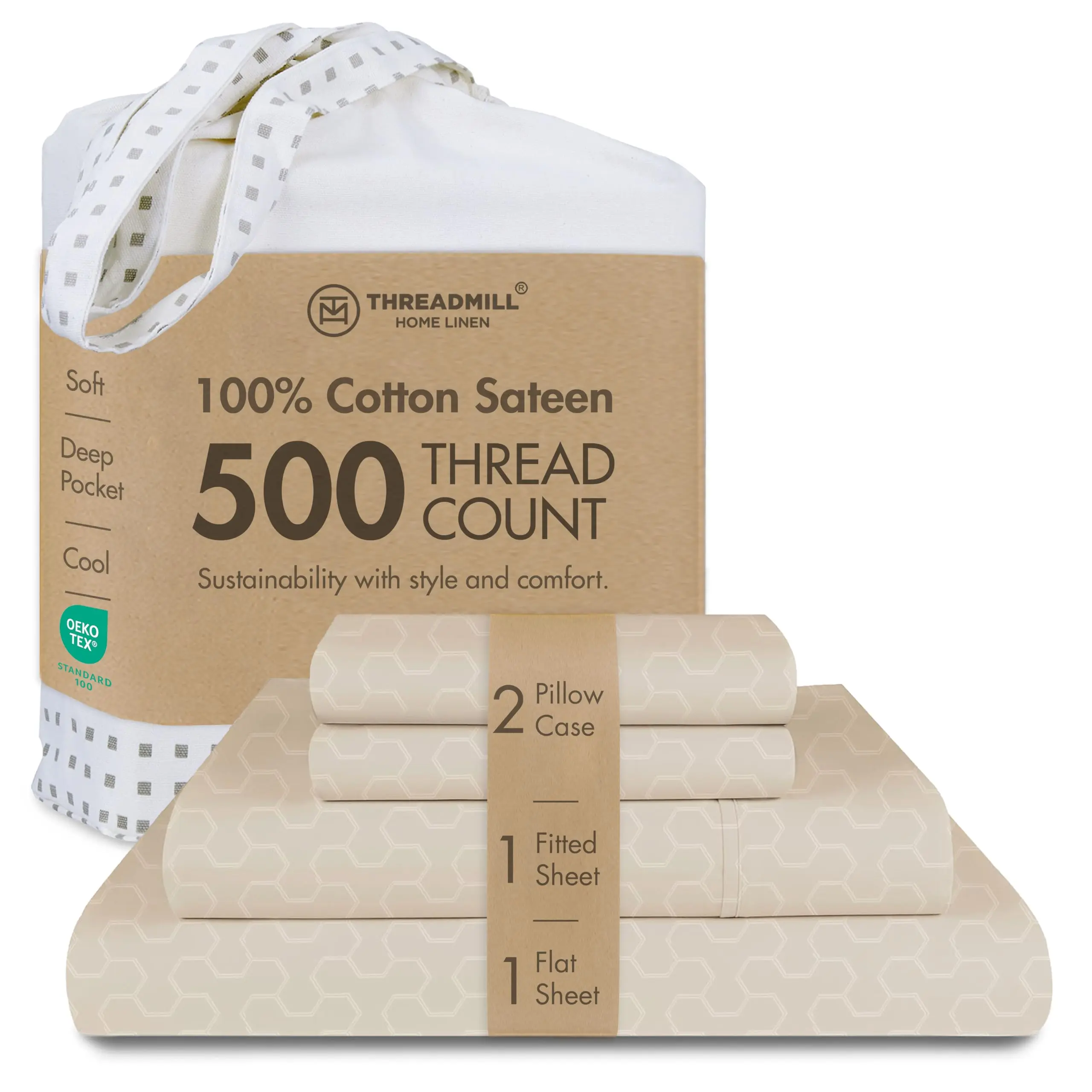 Threadmill Home Linen 500TC 100% Cotton Silky Sateen Weave Queen Size Bed Sheets & Pillowcase Set - Geometric Damask Jacquard, Breathable, Fade-Resistant, Long-Lasting Softness Home Bedding