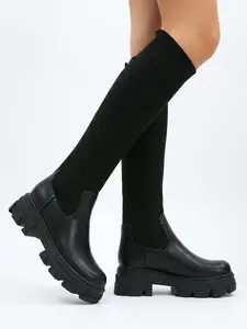 Womens Black Knee High Sock Boots Chunky Lug Sole Platform Winter Boots Ribbed Knit Stretch Tall Boots Round Toe Slip On Comfortable Warm Footwear Casual Daily Outdoor Walking Streetwear Y2K Festival Trendy Fall Ladies Shoes