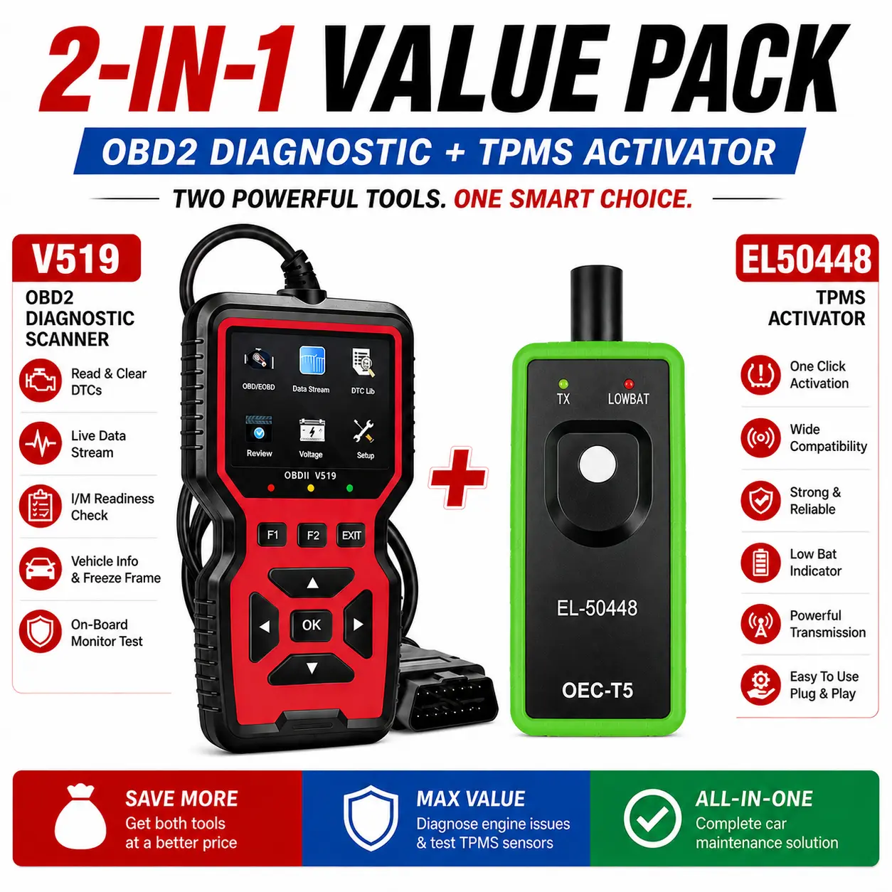 Professional V519-EL50448 OBDII Scanner Combo, Car Diagnostic Code Reader with Live Data Stream, EL-50448 TPMS Reset Tool, Tire Pressure Sensor Tester for Automotive Repair, V519+El-50448