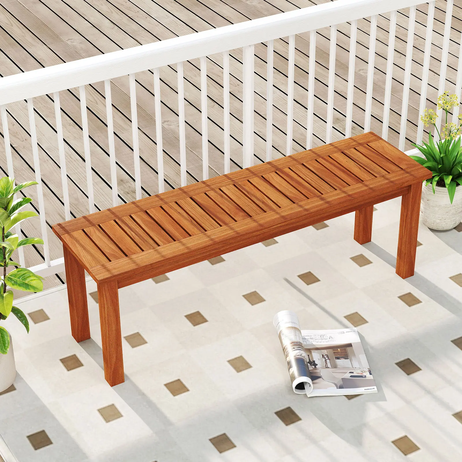 COSTWAY - Outdoor Wood Bench 2-Person Backless Patio Garden Bench with Slatted Seat